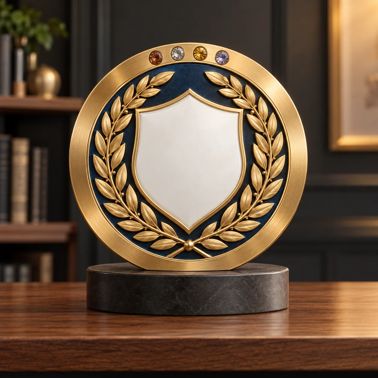 Illustrated gold certification emblem with a shield and laurel