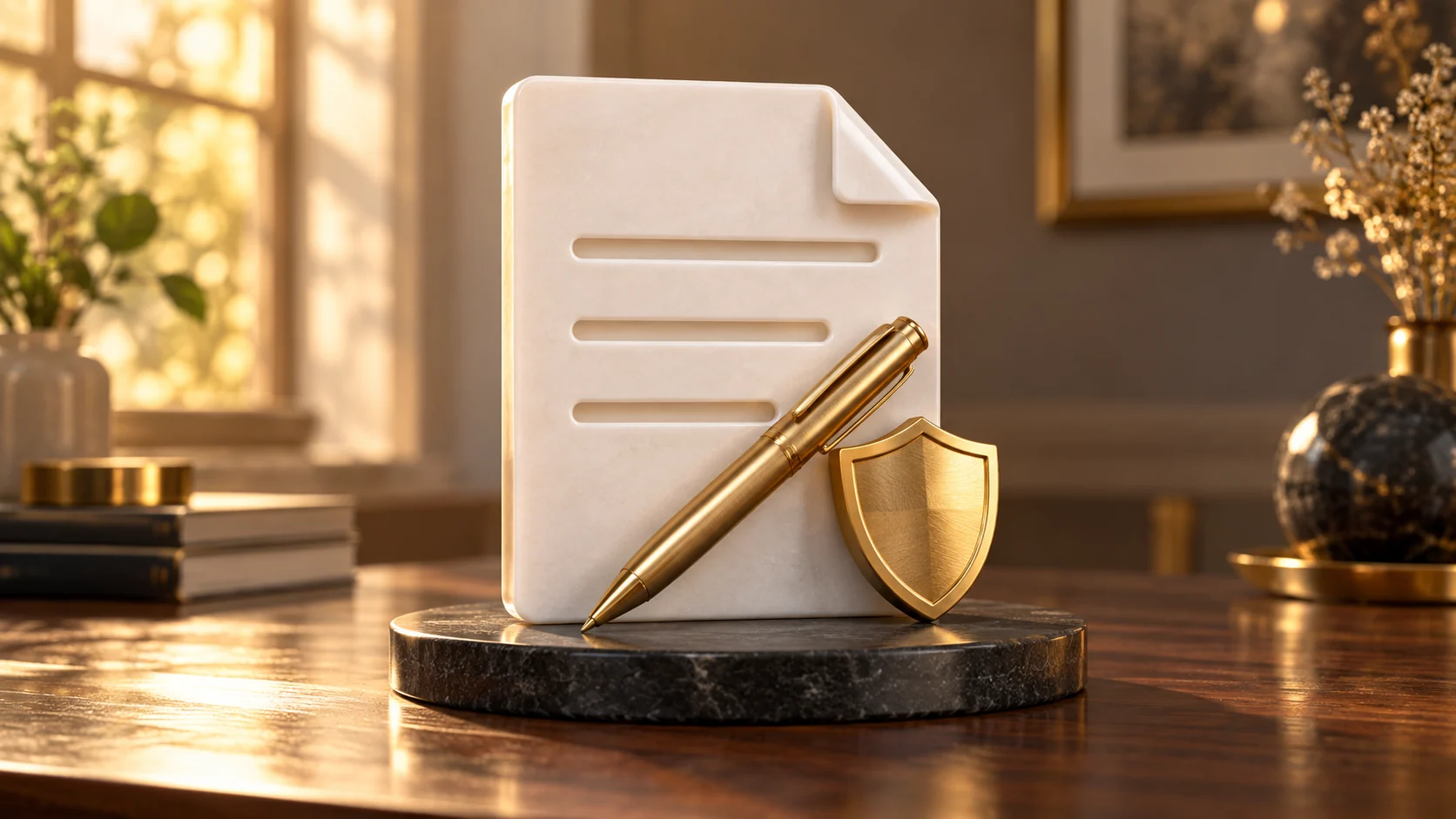 Document, pen and shield course illustration