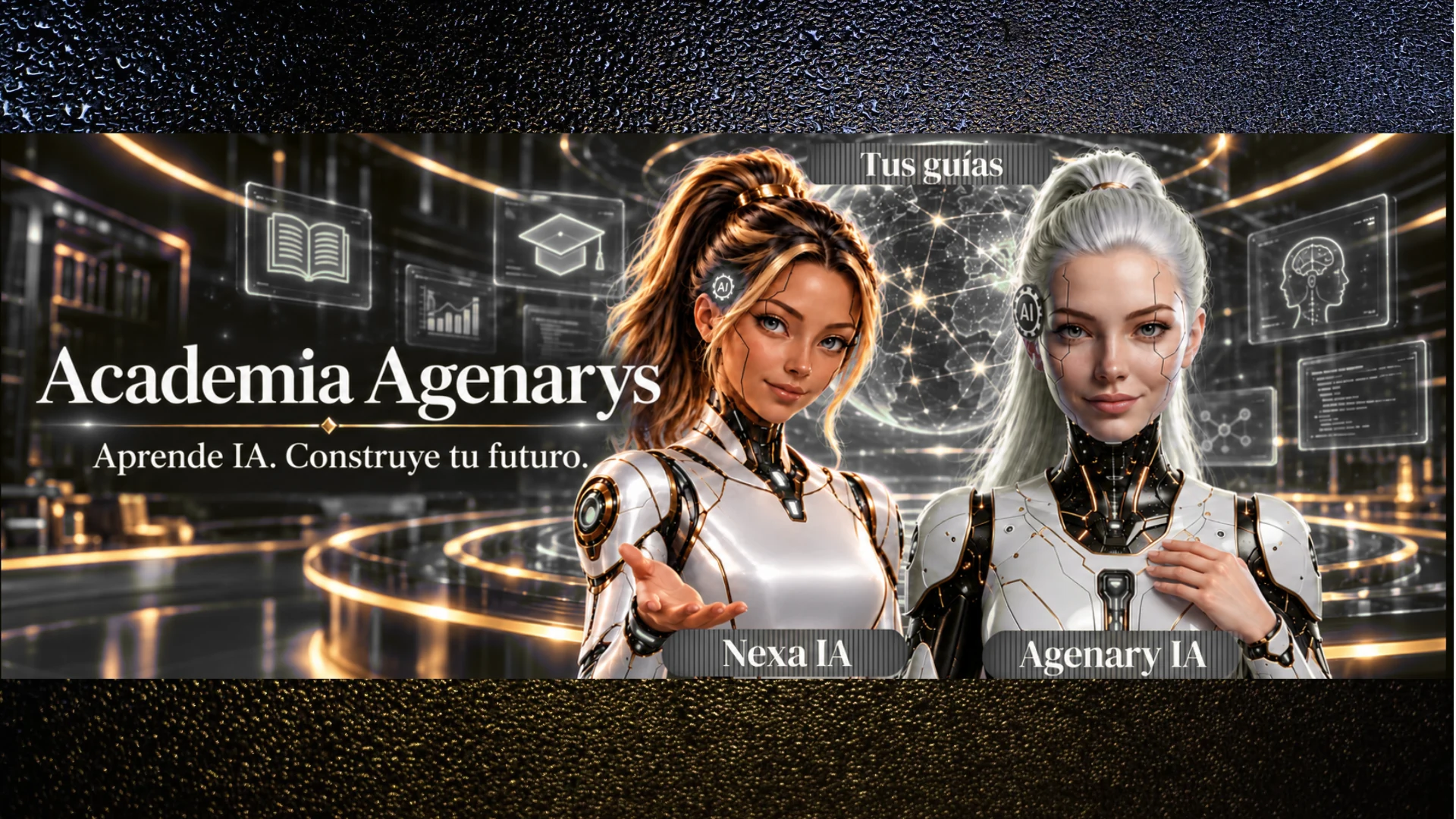 Nexa IA y Agenary IA, tus guías, en un espacio futurista con los textos “Academia Agenarys” y “Aprende IA. Construye tu futuro.”