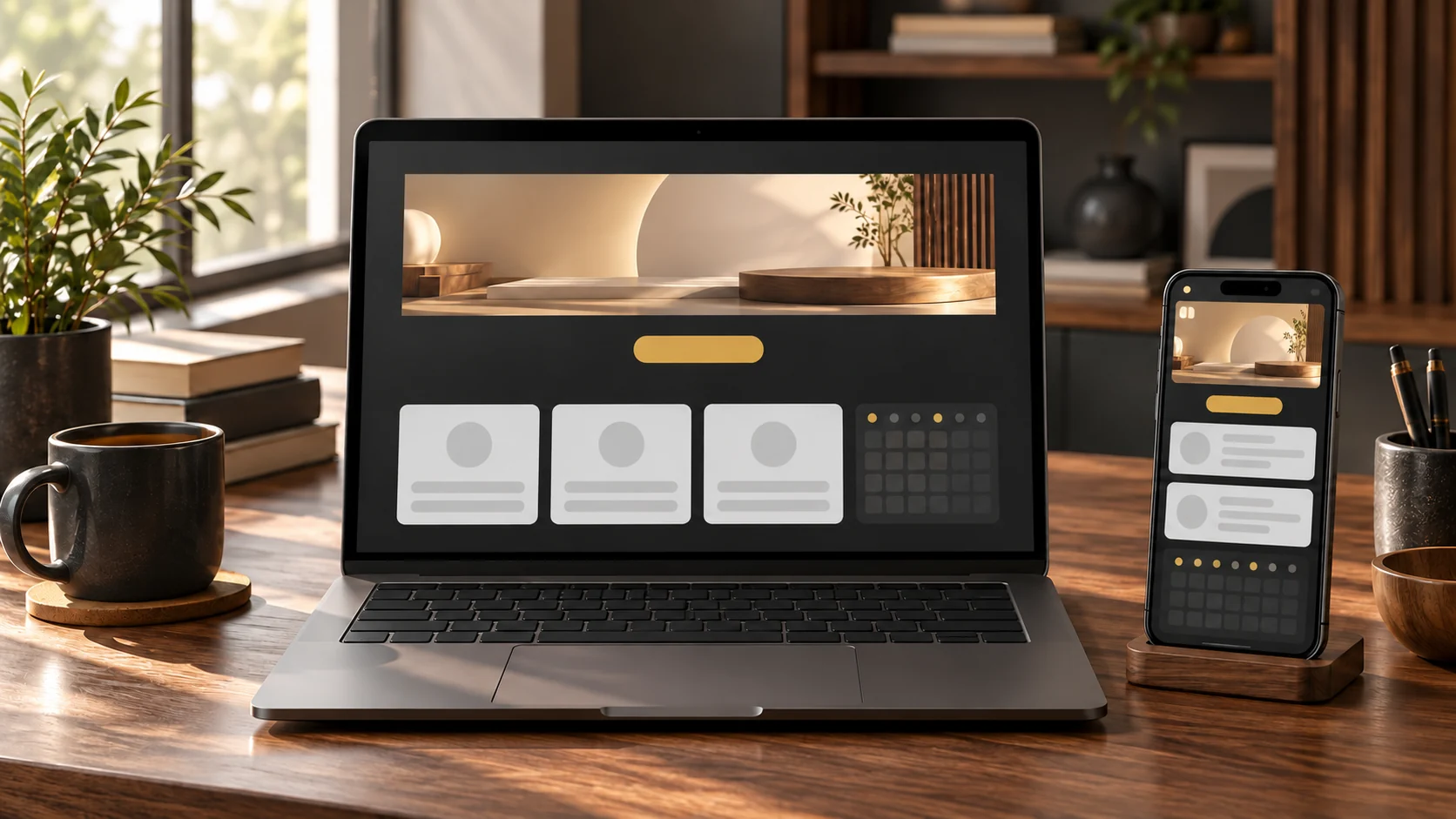 Illustrated landing page displayed on a laptop and phone