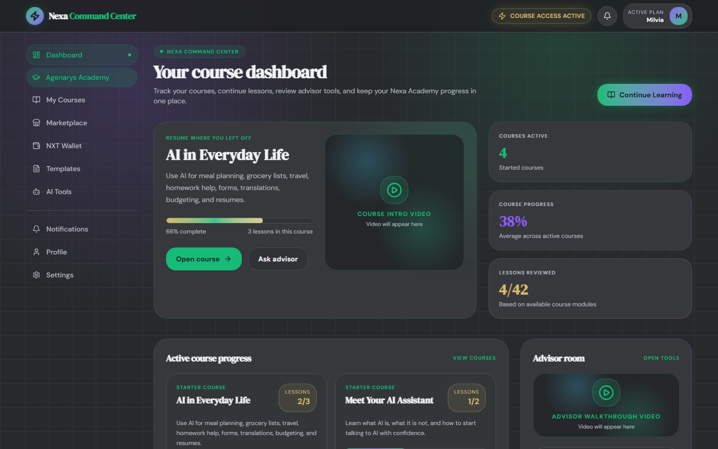 Nexa Command Center dashboard with courses, practice tasks, and progress